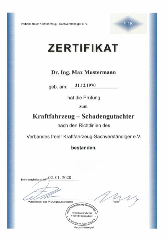 Zertifikat VfK – Schaden