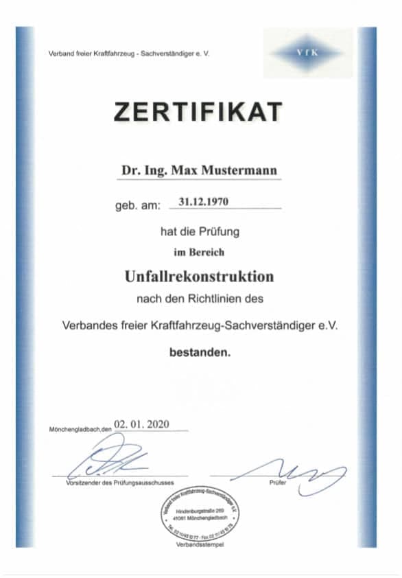 Zertifikat VfK – Unfallrekonstruktion