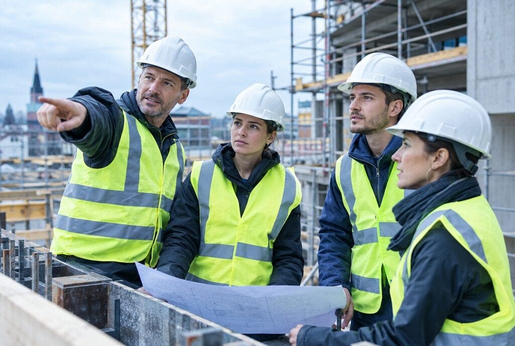 Bausachverständige in Warnwesten besprechen einen Bauplan auf der Baustelle