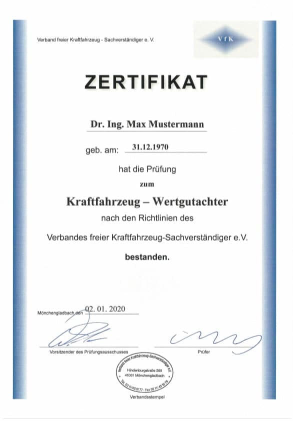 Zertifikat VfK – Wertermittlung