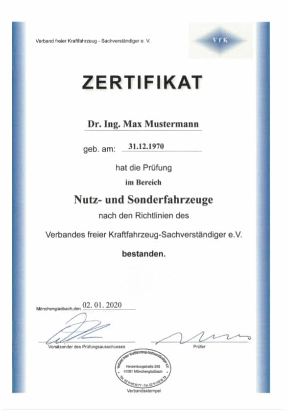 Zertifikat VfK – Nutz- & Sonderfahrzeuge