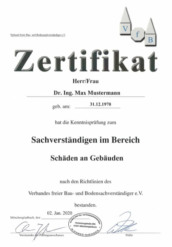 Zertifikat VfB – Schaden